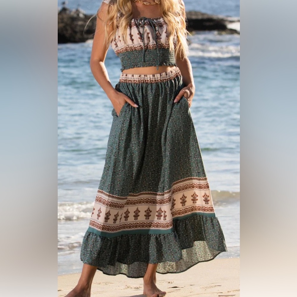 101 Ces Femme Teal and Cream Maxi Skirt